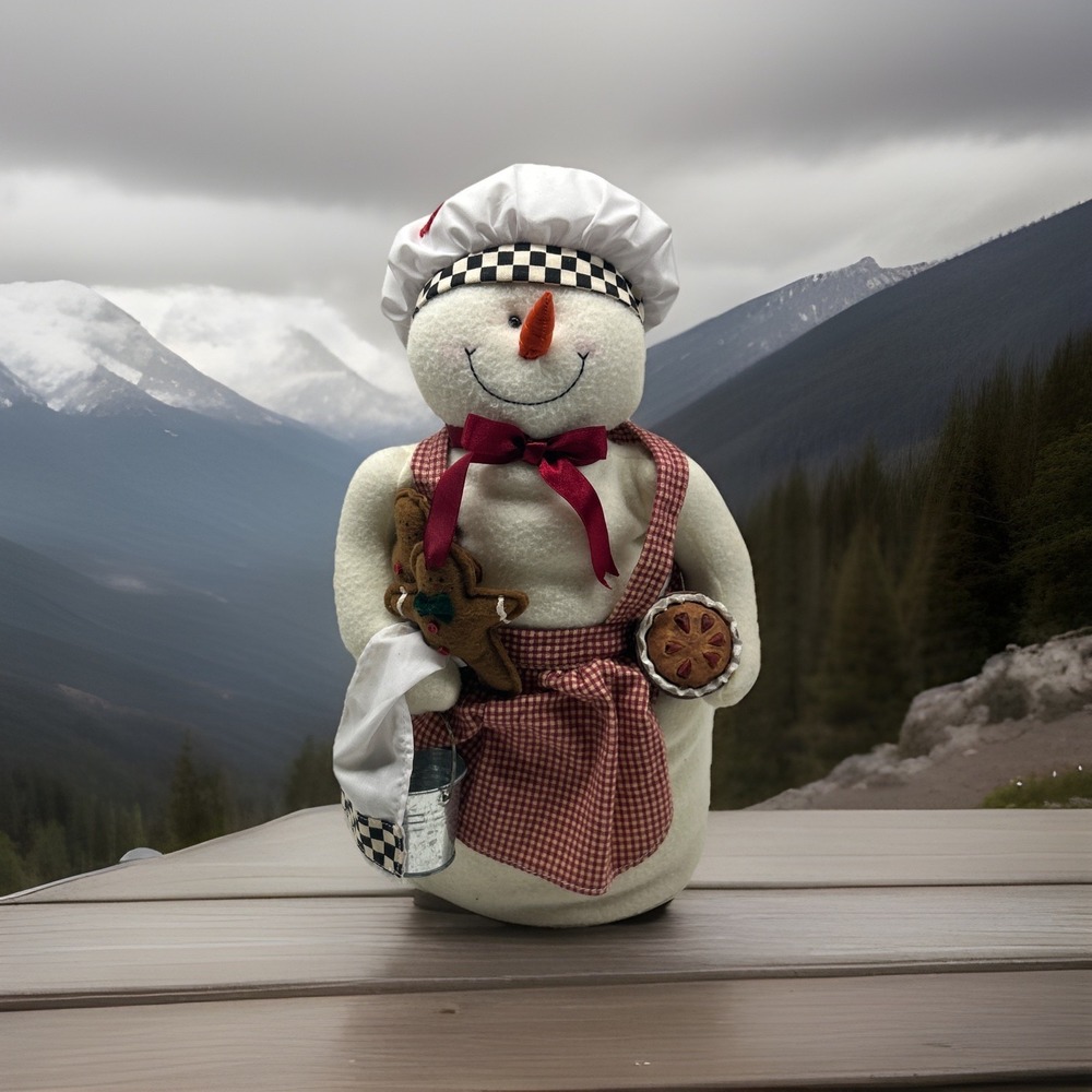 Homemade Fleece Snowman Baker‎ Chef Christmas Decor w/ Gingerbread Men Doll